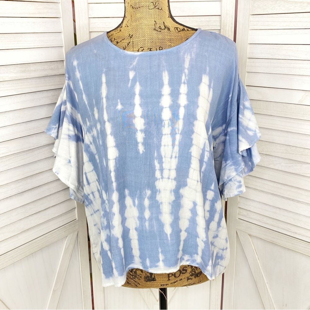 Style Envy Tie Dye Tiered Ruffle Sleeve Top Blue White Large